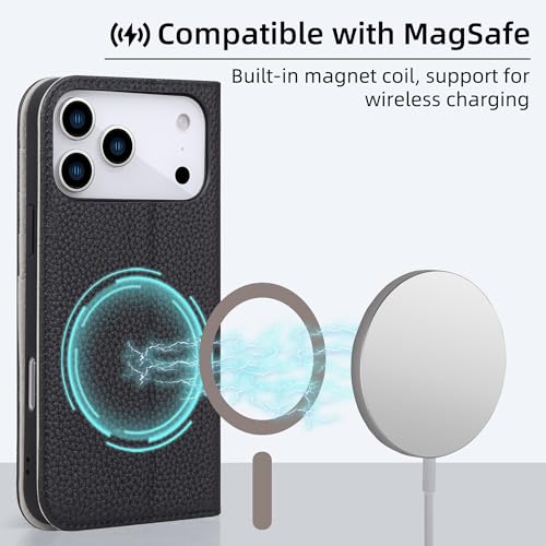 VISOUL Pebbled Leather Wallet Case for iPhone 17 Pro Max 6.9" 2025, Genuine Leather Flip Folio Cover with RFID Blocking Card Holders, Kickstand, Soft TPU Protective Flip Cover -Black+Gray - color: Black+Gray