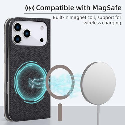 VISOUL Pebbled Leather Wallet Case for iPhone 17 Pro Max 6.9" 2025, Genuine Leather Flip Folio Cover with RFID Blocking Card Holders, Kickstand, Soft TPU Protective Flip Cover -Black+Gray - color: Black+Gray