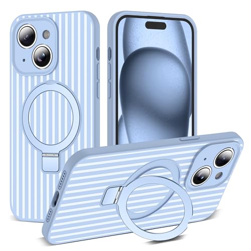 SKYLMW Striped Case for iPhone 15 Plus with Stand,6.7" Blue/White | Aesthetic Striped,Magnetic Stand,Compatible with Mag-Safe,Silicone 15 Plus Phone Case - color: Blue/White, size: Iphone 15 Plus