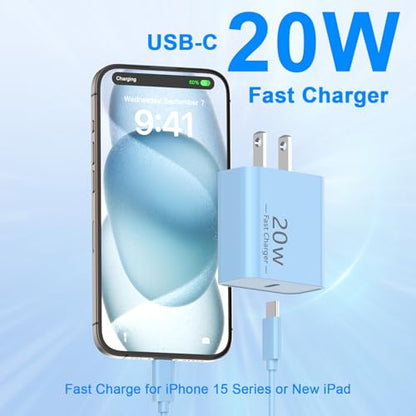 iPhone 17 16 15 Charger Fast Charging 10FT, 20W USB C Charger Block & Cable - color: Blue