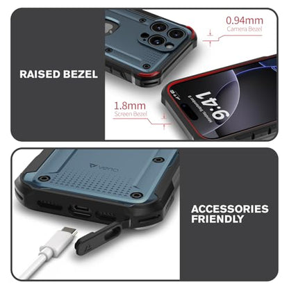 VENA vArmor for iPhone 16 Pro Max Rugged Case, Blue | Military-Grade Drop Protection, Heavy Duty, Belt Clip Holster, Kickstand, Magsafe Compatible - color: Slate Blue/Black