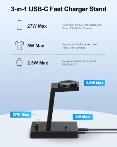 30W Fast 3 in 1 Charging Station for Apple Devices - ADADPU USB C Charger Stand for iPhone 18 Pro Max 17 16 15 & AirPods 4, Wireless Charger Dock Compatible with Apple Watch Ultra/10/9/8/7/6/5/4/3/SE - color: Classic Black