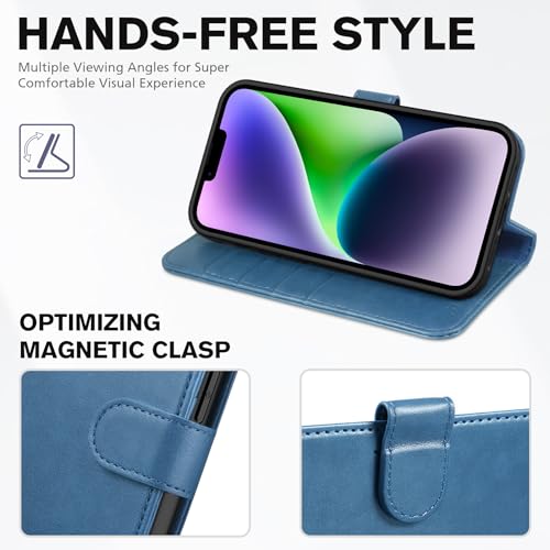 TUCCH Wallet Case for iPhone 14 (6.1") 2022, 4 Card Slots, Lake Blue | RFID Blocking, Viewing Stand, Shockproof TPU Shell, PU Leather, Magnetic Closure, Protective Folio Flip Cover - color: Lake Blue