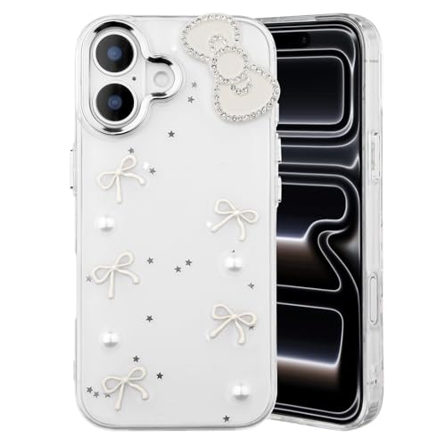 for iPhone 16 Case Cute Bow 3D Phone Case, Clear Glitter Bowknot Aesthetic Design Soft TPU Slim Shockproof Protective Cover for Women Girls-White - color: White, size: iPhone 16(6.1inch)