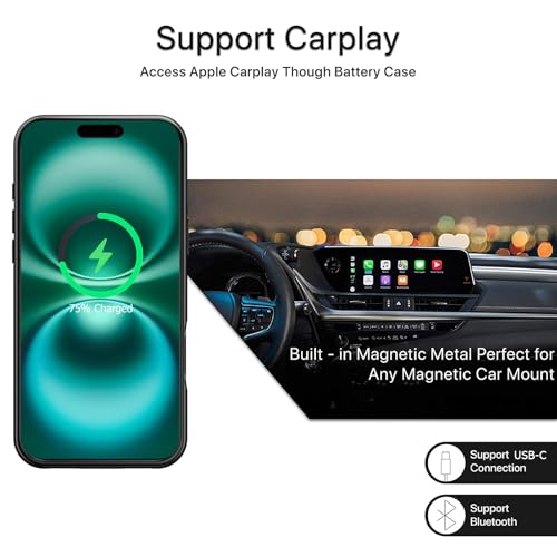 Battery Case for iPhone 16,Upgraded 10000mAh High Capacity Rechargeable Portable Protective Extended Charger Case Wireless Charging Compatible with iPhone 16 (6.1 inch) Charging Case & Carplay (Black) - size: iPhone 16 (6.1inch)