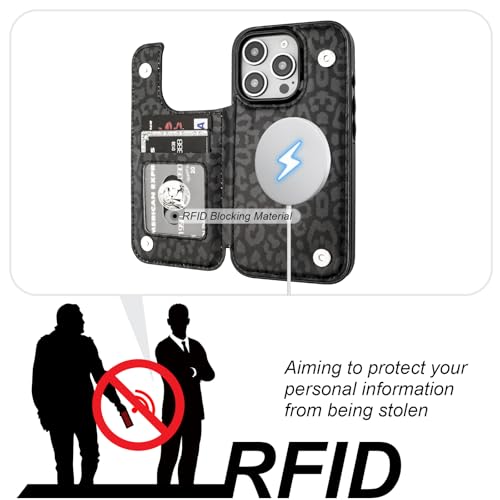 HAOPINSH for iPhone 16 Pro Case Wallet Compatible with MagSafe Wireless Charging, Black Leopard Cheetah Pattern Back Flip Folio Leather Kickstand Card Slots Case Double Magnetic Clasp Cover 6.3" - color: Black Leopard for MagSafe