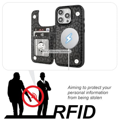 HAOPINSH for iPhone 16 Pro Case Wallet Compatible with MagSafe Wireless Charging, Black Leopard Cheetah Pattern Back Flip Folio Leather Kickstand Card Slots Case Double Magnetic Clasp Cover 6.3" - color: Black Leopard for MagSafe