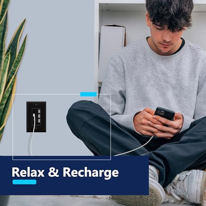 LIDER 6.0A 30W USB A&C in-Wall Charger, Wall Plate Included, Matte Black - color: Black, size: USB 3A2C Ports