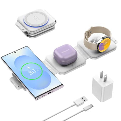Travel Charger for Samsung Multi Devices, Foldable 3 in 1 Wireless Charging Station Fast Charging Stand/Pad Compatible for Samsung Galaxy S26/S25/S24/S23/Note20 Galaxy Watch8/7/6/Galaxy Buds4(White - color: white