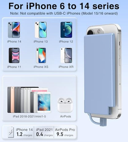Auskang Portable Charger for iPhone with Built in Lightning Cable- 5000mAh Slim Power Bank Compatible with iPhone 14/13/12/11/X/8/7 Series (Not for iPhone 15 Series)- Thin Battery Pack for Travel