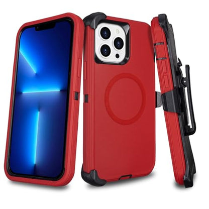 Magnetic for iPhone 13 Pro Max Case with Belt Clip Holster, Black Red | Heavy Duty Military Grade Drop Protection Case for iPhone 13 Pro Max, 6.7", with 360°Rotating Kickstand 6.7" - color: Red+Black