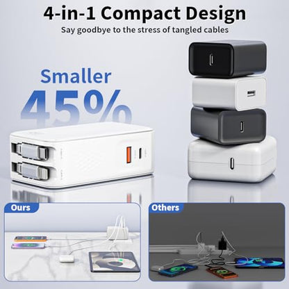 Retractable iPhone Charger,45W 4 in 1 Retractable Phone Charger Wall Plug with USB C and Lightning Cable Fast Charging Block with Dual Port(USB C+USB A) for iPhone 17/Air/16/15/14/13,iPad,Galaxy S26
