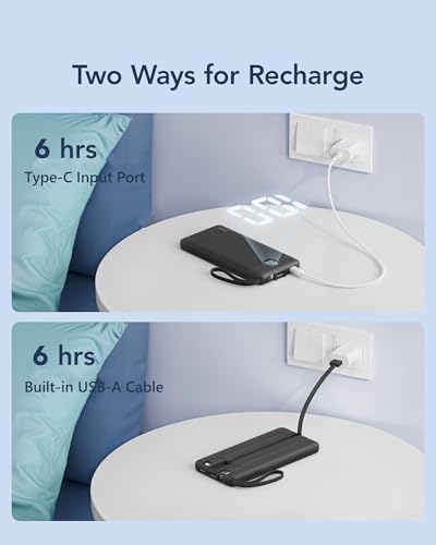 VRURC Portable Charger, Slim Power Bank Built-in 4 Cables, Travel Essential - color: Black