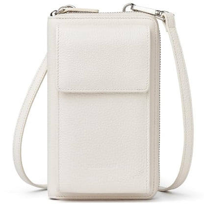 DORIS&JACKY Small Leather Crossbody Purse and Cell Phone Wallet for Women | RFID Blocking Shoulder Bag with Front Phone Pocket, Come with Long Detachable Strap and 12 Credit Card Slots - color: 2-off White