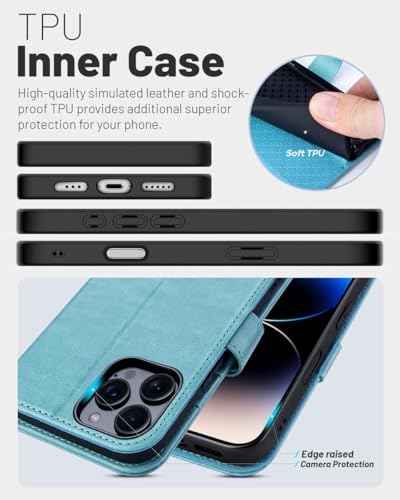 OCASE Compatible with iPhone 16 Pro Wallet Case, PU Leather Flip Folio Case with Card Holders RFID Blocking Kickstand [Shockproof TPU Inner Shell] Phone Cover 6.3 Inch 2024, Ice Blue | RFID Blocking, Flip Case, Magnetic Clasp, PU Leather Wallet Case, Kick
