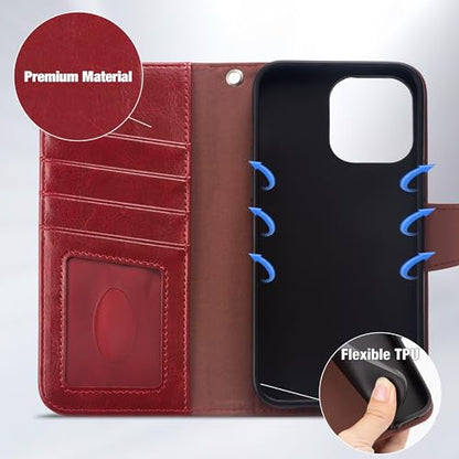 Arae Compatible with iPhone 15 Pro Max Case with Card Holder and Wrist Strap Wallet Flip Cover for iPhone 15 Pro Max 6.7 inch,Wine Red - color: Wine Red, size: iPhone 15 Pro Max 6.7 inch