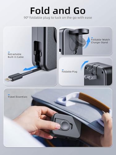 for Apple Watch Charger Block, 2 in 1 Wall Charger with Built-in Retractable Charging Cable, Travel Foldable Plug Power Adapter Compatible with iPhone iWatch (Black)