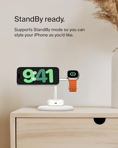 Belkin Qi2 15W Magnetic Wireless Charging Stand, 3 in 1 Fast Charger - color: White