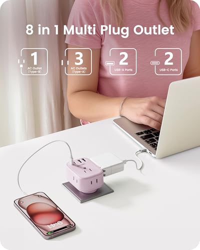 LENCENT Multi Plug Outlet Extender with USB C, Electrical Outlet Expander - color: Pink