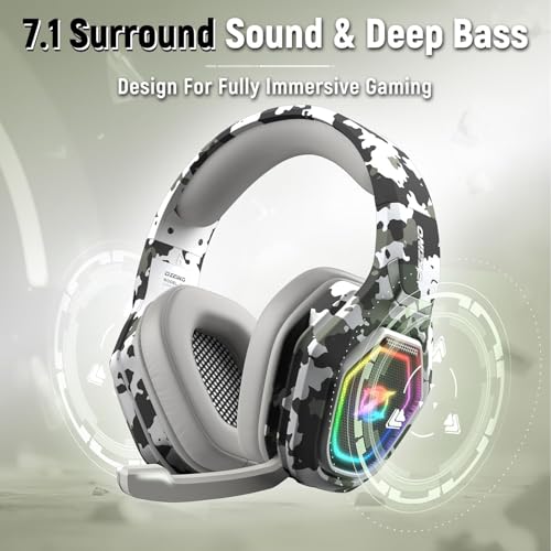 Ozeino Wireless Gaming Headset for Ps5, Ps4, PC, Gaming Headphones with Flip Mic and USB-A & USB-C Transmitter, 40Hr Battery Bluetooth Headset for Mobile, Mac, Laptop - color: Camouflage