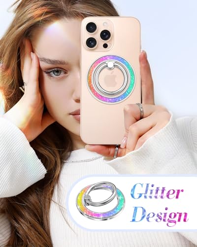 Phone Ring Holder Compatible with MagSafe - Magnetic Cell Phone Grip for Women Cute Magnet Removable Finger Ring Grip Stand Glitter Sparkle for iPhone 17 16 15 14 13 Pro Max Plus, Rainbow - color: Colorful