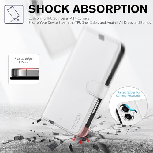 TUCCH Wallet Case for iPhone 16 (6.1") 2024, 4 Card Slots, White | RFID Blocking, Viewing Stand, Shockproof TPU Shell, PU Leather, Magnetic Closure, Protective Folio Flip Cover - color: White
