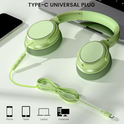 USB C Wired Over-Ear Headphones with Microphone - color: Grass Green