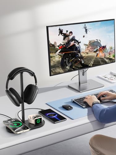 4 in 1 Headphone Stand, 15W Wireless Charger for Airpods/iPhone/iWatch - color: Dark Black