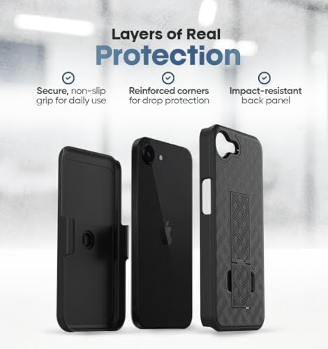 MOTIVE for iPhone 17e Case with Belt Clip, Rigid, Kickstand | 6.1" | Ranger v1 Series, Black, 360° holster, open-top/open-bottom port access, textured grip, slim - size: iPhone 17e