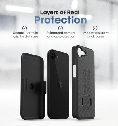 MOTIVE for iPhone 17e Case with Belt Clip, Rigid, Kickstand | 6.1" | Ranger v1 Series, Black, 360° holster, open-top/open-bottom port access, textured grip, slim - size: iPhone 17e