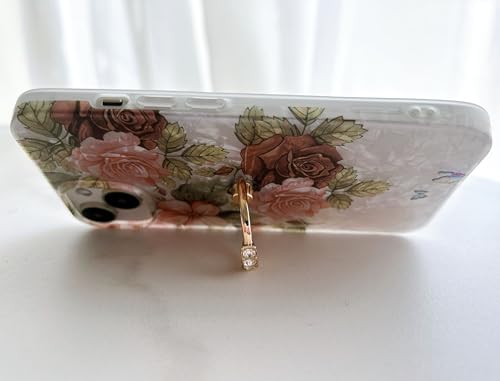 Qokey for iPhone 13/14 Case 6.1 inch,Flower Design Cute Clear for Women Girls with 360 Degree Rotating Ring Kickstand Soft TPU Shockproof Cover Brown Floral - color: Brown