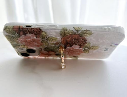 Qokey for iPhone 13/14 Case 6.1 inch,Flower Design Cute Clear for Women Girls with 360 Degree Rotating Ring Kickstand Soft TPU Shockproof Cover Brown Floral - color: Brown