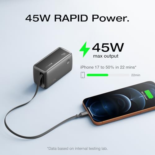 EF ECOFLOW Rapid 45W Power Bank 10000mAh Portable Charger with Built-in USB C 2.3ft Cable and USB C&A Port Travel Essential Battery Bank with Digital Display for iPhone 17/16 Series, Galaxy, ipad - color: Black