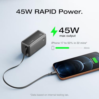 EF ECOFLOW Rapid 45W Power Bank 10000mAh Portable Charger with Built-in USB C 2.3ft Cable and USB C&A Port Travel Essential Battery Bank with Digital Display for iPhone 17/16 Series, Galaxy, ipad - color: Black
