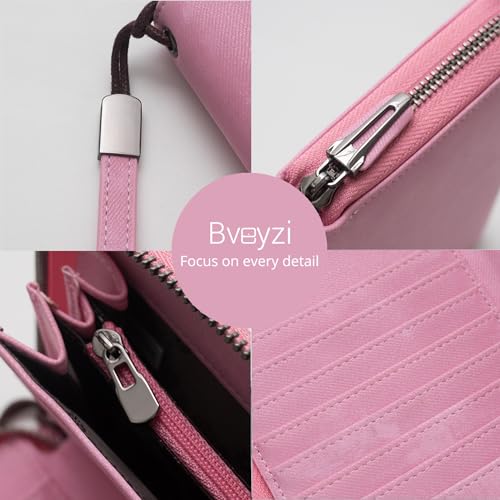 Bveyzi Women RFID Blocking Wallet Leather Zip Around Phone Clutch Large Capacity Ladies Travel Purse Wristlet - color: Vegan Pink