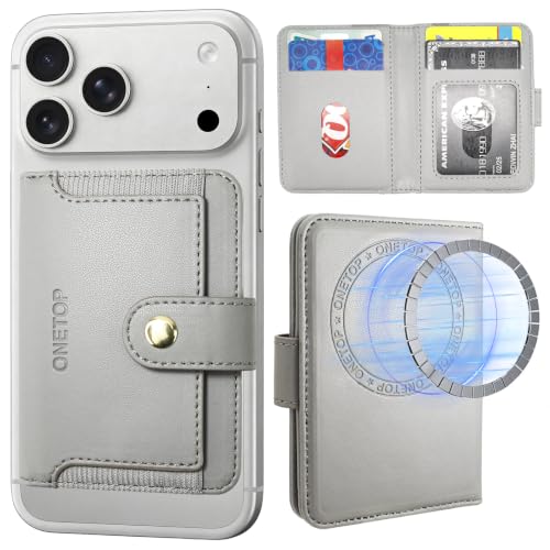 ONETOP for MagSafe Wallet,Magnetic Phone Wallet with 5 Card Slots,Grey | 1-12 Cards/Cash Holder for iPhone 17/16/15/14/13/12 Series,Detachable Wallet Stick-On Back,PU Leather RFID Blocking Kickstand - color: Grey