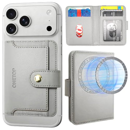 ONETOP for MagSafe Wallet,Magnetic Phone Wallet with 5 Card Slots,Grey | 1-12 Cards/Cash Holder for iPhone 17/16/15/14/13/12 Series,Detachable Wallet Stick-On Back,PU Leather RFID Blocking Kickstand - color: Grey