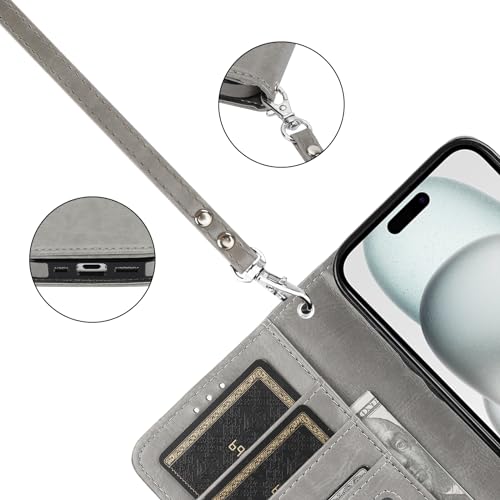 Bocasal Detachable Wallet Case Card Holder for iPhone 15, Grey | RFID Blocking Kickstand Card Slots Holder PU Leather Magnetic Shockproof Wrist Strap Removable Flip Protective Cover 6.1 inch - color: Gray