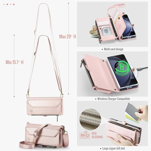 Strapurs Crossbody Wallet Case Compatible with Samsung Galaxy Z Fold 5 with RFID Blocking Card Holder & Pen Holder Slot Soft PU Leather Shoulder Strap Zipper Pocket Purse Fold 5 Phone Case, Rose Gold | RFID Blocking 5-Card Holder, Shoulder Lanyard, Wirst