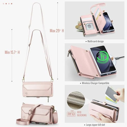 Strapurs Crossbody Wallet Case Compatible with Samsung Galaxy Z Fold 5 with RFID Blocking Card Holder & Pen Holder Slot Soft PU Leather Shoulder Strap Zipper Pocket Purse Fold 5 Phone Case, Rose Gold | RFID Blocking 5-Card Holder, Shoulder Lanyard, Wirst