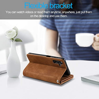 EYZUTAK Wallet Phone Case for Samsung Galaxy A16 4G/5G, Retro Matte 9 Card Holder Slots Zipper Pocket Handbag Case PU Leather Magnetic Closure Kickstand with Wrist Strap Flip Folio Purse Case - Brown - color: Brown, size: Samsung Galaxy A16 4G/5G