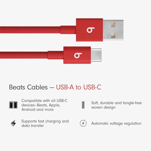 Beats USB-A to USB-C Woven Cable Fast Charging Durable and Tangle-Free Design Compatible Charger for Apple & Android Devices (1.5 m, 5 ft) - Rapid Red - color: Rapid Red, size: 5 ft, style: USB-A to USB-C