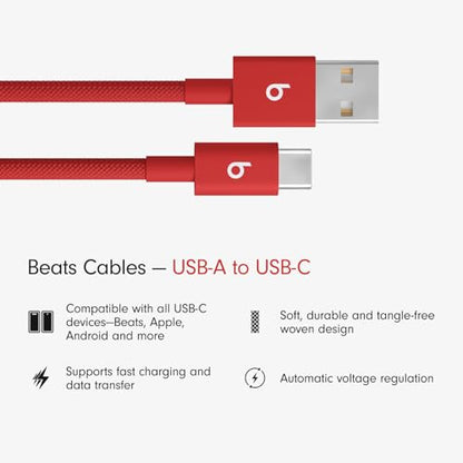 Beats USB-A to USB-C Woven Cable Fast Charging Durable and Tangle-Free Design Compatible Charger for Apple & Android Devices (1.5 m, 5 ft) - Rapid Red - color: Rapid Red, size: 5 ft, style: USB-A to USB-C