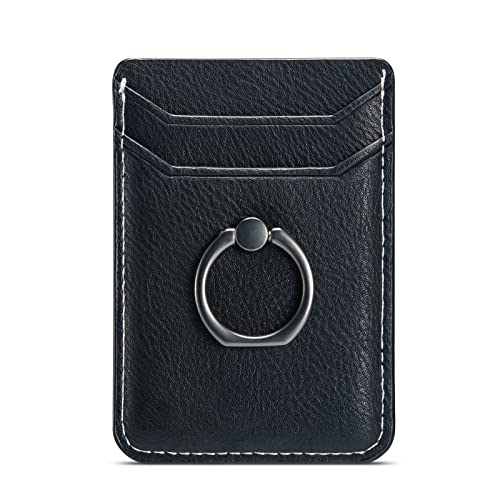 Card Holder Sleeve with Ring, RFID Credit Wallet Synthetic Leather Stick On Back Grip for iPhone Samsung Smartphone - Black - color: Cow Black