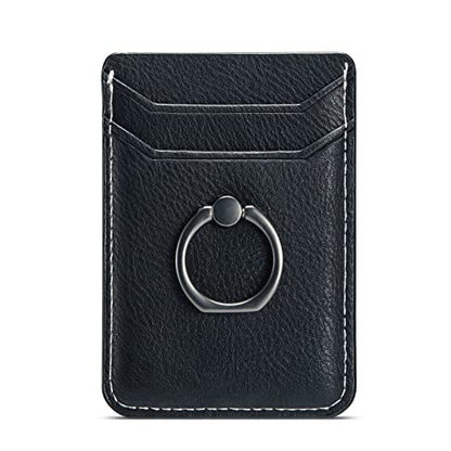 Card Holder Sleeve with Ring, RFID Credit Wallet Synthetic Leather Stick On Back Grip for iPhone Samsung Smartphone - Black - color: Cow Black