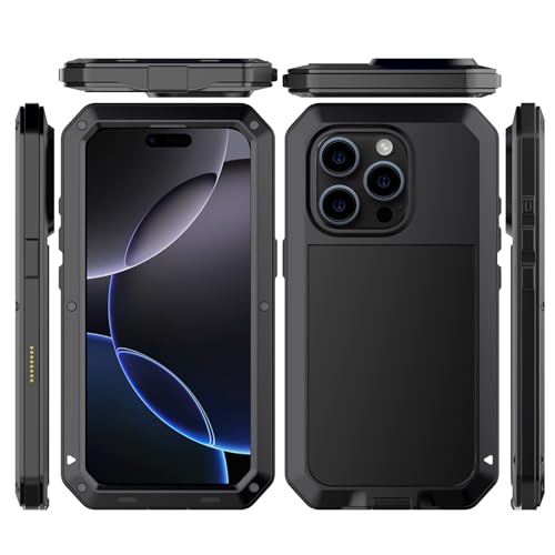 for iPhone 16 Pro Max Metal Case 6.9",Heavy Duty Shockproof Aluminum Alloy Tough Armour Military Phone Case,360 Full Body Protective Cover with Silicone Built-in Screen Protector - Black - color: Black