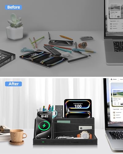 Wireless Charger with Desk Organizer, Fast Charging Station - color: Black-PU leather