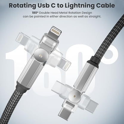 90 Degree USB C to Lightning Cable, Rotating Charger for iphone with 180° Rotating Head, 6FT MFi Fast Charger & Sync Data Type C to Lightning Right Angle Swivel Lightning Cable for iPhone 14 13 12 11