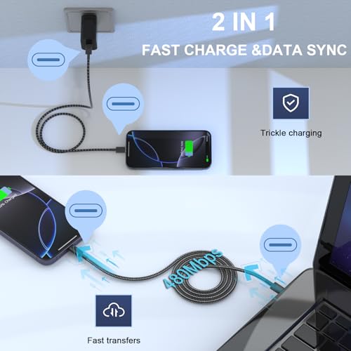 Plnhixt USB C Cable, 5Pack 6FT USB C to USB C Cable 60W(3A) Nylon Braided