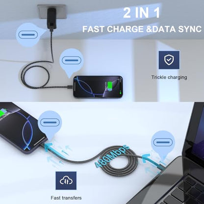 Plnhixt USB C Cable, 5Pack 6FT USB C to USB C Cable 60W(3A) Nylon Braided